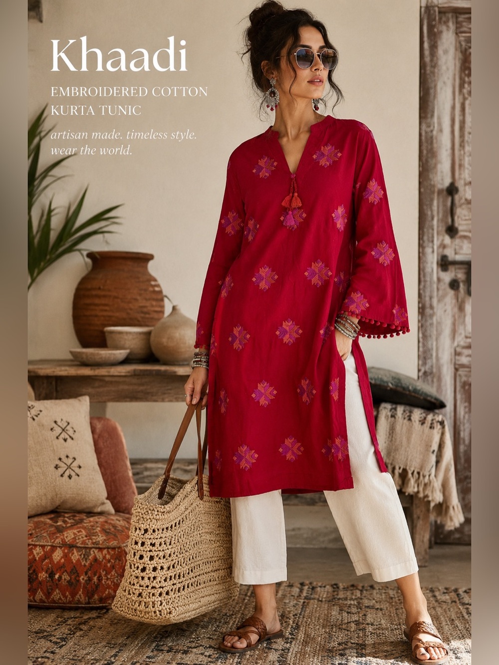 Khaadi Red Embroidered Cotton Kurta Tunic Boho Folk Artisan Pakistan 12 XL